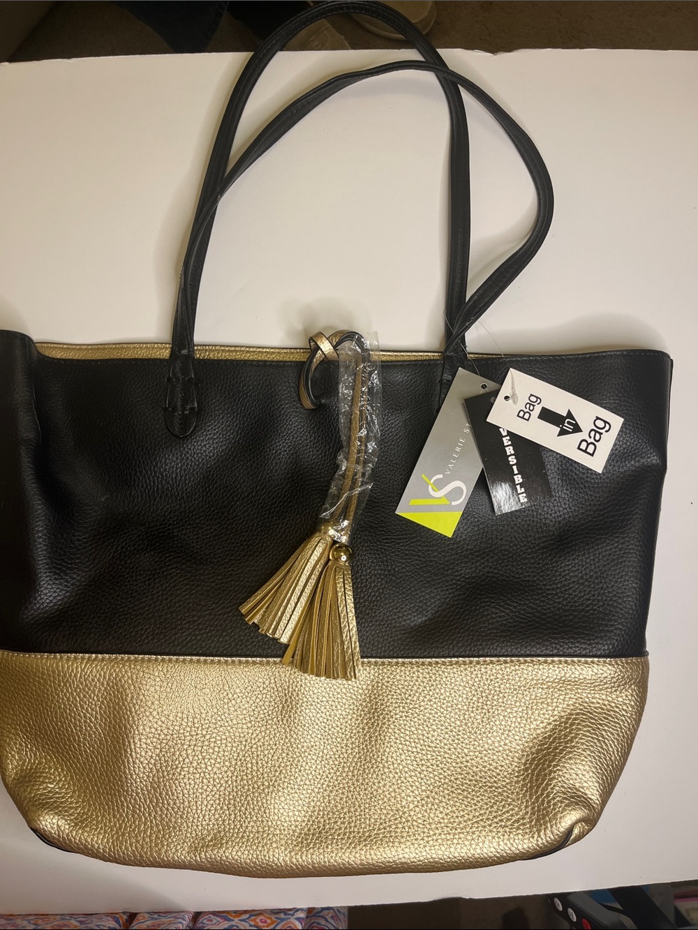 NWT:  Valerie Stevens Reversable  Vegan Leather Two-Tone Tote with Tassel